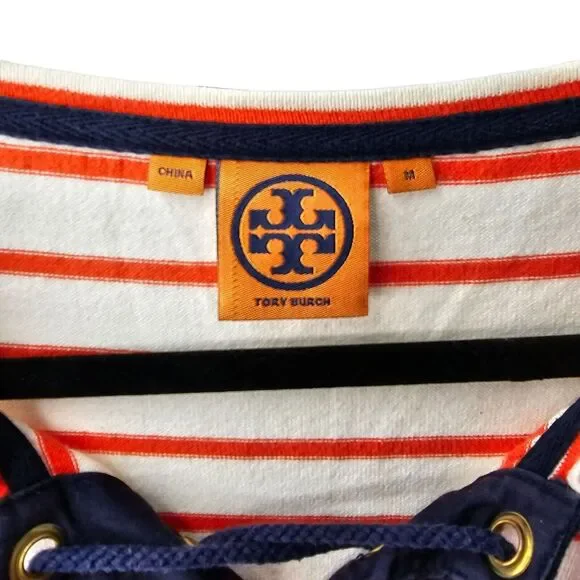 Tory Burch Orange White Striped Nautical Logo Top